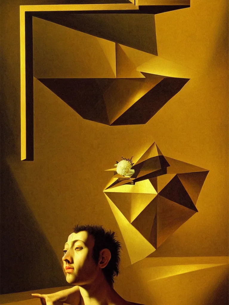 Image similar to hyperrealistic still life portrait of a mind exploding inside of a serene temple, beautiful plans, sacred geometry, light refracting through prisms in a tesseract, by caravaggio, botanical print, surrealism, vivid colors, serene, golden ratio, rule of thirds, negative space, minimalist composition