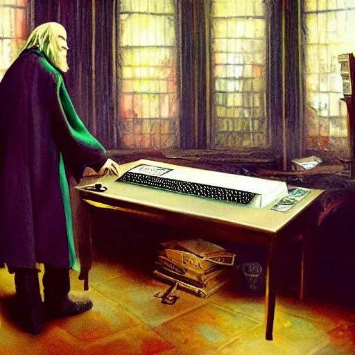 Prompt: Albus Dumbledore fixing the Hogwarts supercomputer, oil painting 4k