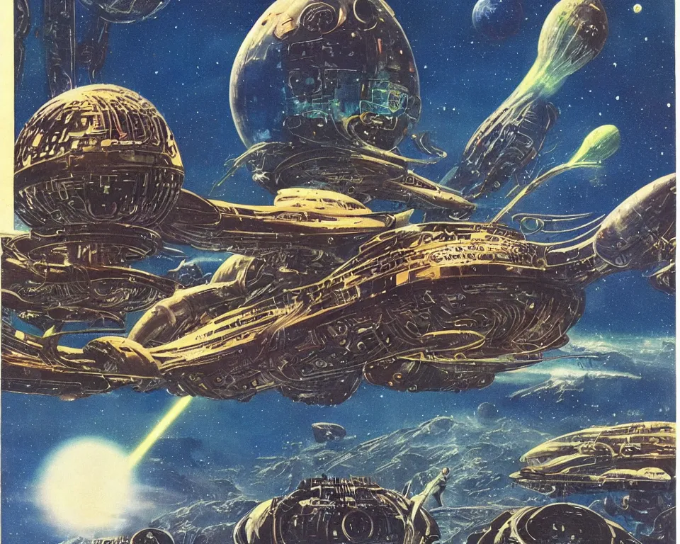 Prompt: vintage scifi book cover, 1 9 6 0 s, by chris foss, bruce pennington, richard powers, cosmic, alien planet, massive spaceships, gross alien, retro futurism