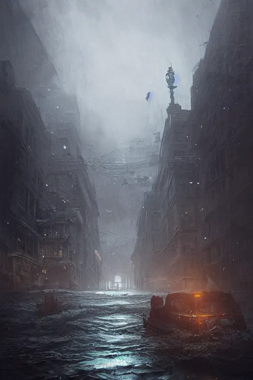 Image similar to sinking city, flood, lovecraftian, chaos, digital art, in the style of greg rutkowski, trending on artstation