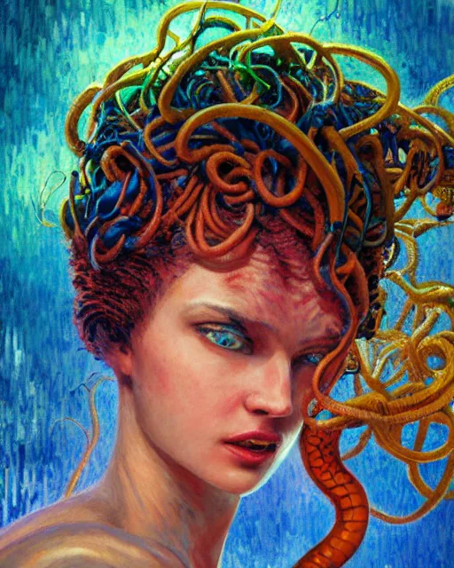 Prompt: day time, a cyberpunk close up portrait of cyborg medusa, electricity, snakes in hair, sparks, bokeh, soft focus, skin tones, warm, sky blue, daylight, by monet, paul lehr, jesper ejsing