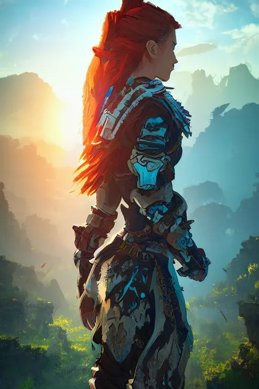 Image similar to combination suit armor aloy horizon forbidden west horizon zero dawn radiating a glowing aura global illumination ray tracing hdr fanart arstation by ian pesty and alena aenami artworks in 4 k tribal robot ninja mask helmet backpack