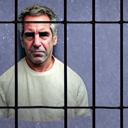 Image similar to donald trump behind bars in a filthy, obscure and depressing cell, with jeff epstein looming over him