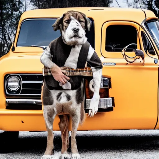 Image similar to A folkpunk hound dog playing the guitar in front of a pickup truck