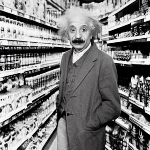 Prompt: albert einstein in a grocery shop