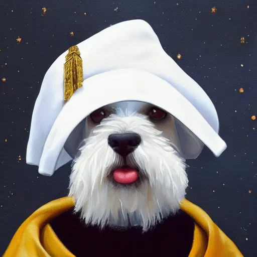 Prompt: “an oil painting portrait of a white Schnauzer dog wearing painters robe with Easel and a Beret cap an on a dark nebula background” digital Art, concept Art, highly detailed, 3-D 4K, trending on art station, Award winning, Mark Brooks,