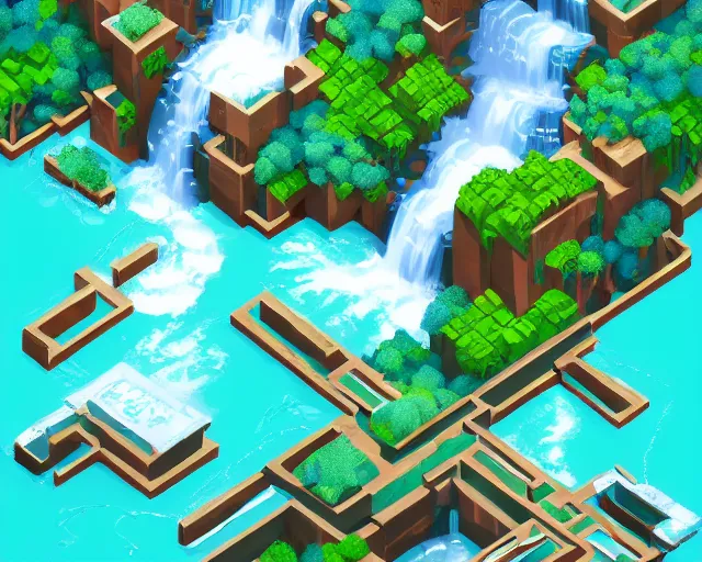 Prompt: isometric game art of a very beautiful turquoise blue waterfall, game design concept, trending on artstation, cgsociety