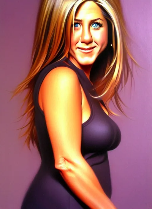 Image similar to portrait of cute jennifer aniston as a bit chubby young woman, painted by stanley artgerm, sleek curves, sharp focus, trending on artstation hq, deviantart