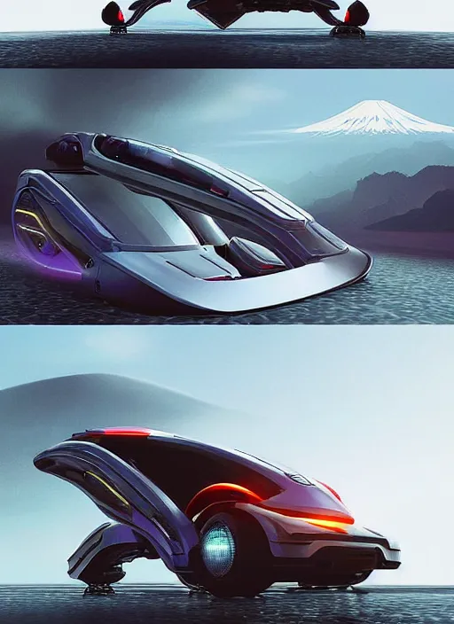 Prompt: a futuristic solarpunk tesla cyber truck vehicle hover craft in the future of 2 0 8 9 futuristic version, cyberpunk look. digital art. trending on artstation. cyberpunk look hovering by mount fuji early in the morning with a few blossom trees around, high quality photo