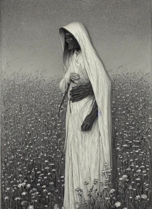 Image similar to portrait of faceless grim reaper with veil over face at distance in beautiful meadow of flowers, detailed pencil illustration by gustave dore, highly detailed, centered, high resolution, smooth, sharp focus, illustration