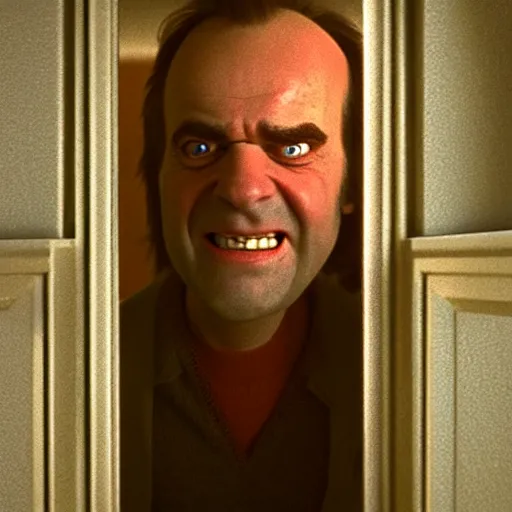 Prompt: the shining ( 1 9 8 0 ), the scene where jack peeks through the broken door holding his axe and says here's johnny, close up, pixar disney style, animated, cgstation, octane render, film still, best animation, visual effects