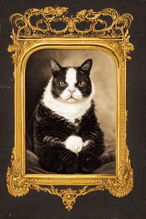 Image similar to a magnificent tintype portrait of a fluffy fat cat on an embroidered velvet cushion on a neo - rococo gilded little bed with precious stones, ball of yarns all around, by david lachapelle, photorealistic, photography, wide shot, silly looking