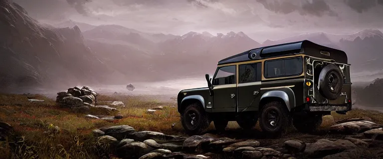 Prompt: Land Rover Defender 110 (1985), an epic fantasy, dramatic lighting, cinematic, establishing shot, extremely high detail, photorealistic, cinematic lighting, artstation, by simon stalenhag, The Elder Scrolls V: Skyrim, Whiterun, Riverwood