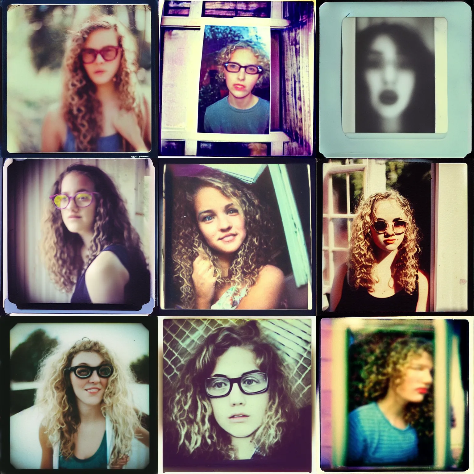 Prompt: “the girl of my dreams is up in the window, blonde curly hair and round glasses, long haired tomboy, instax polaroid grainy scratched expired analog film, vintage nostalgia, warm loving”