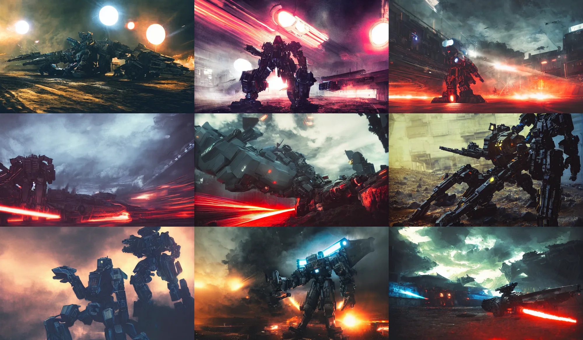 Prompt: armored core v by liam wong, booster flares, legs, laser rifles, karst landscape, ; wide shot, outdoor, dark blue sky, cloud, wilderness ground, golden time, twilight ; digital oil painting, high contrast, dynamic backlighting, sharp edge, motion blur, photoreal, cinematic,