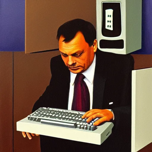 Image similar to viktor orban programming a commodore 6 4 in a cubicle, oil painting