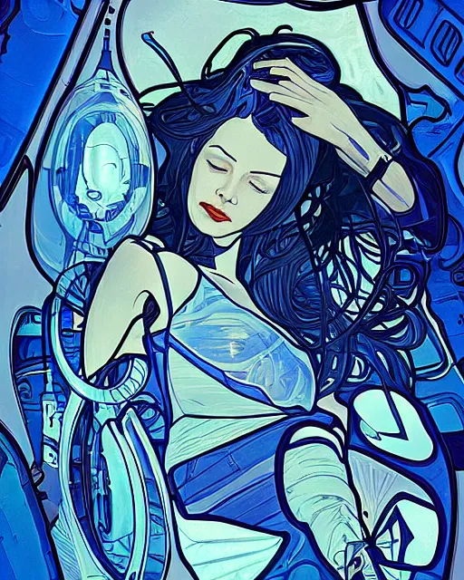 Image similar to cyberpunk illustration of woman inside a sleeping capsule, realistic, sharp shapes, blue glow, alphonso mucha and greg kutkowski, mysterious lighting, masterpiece