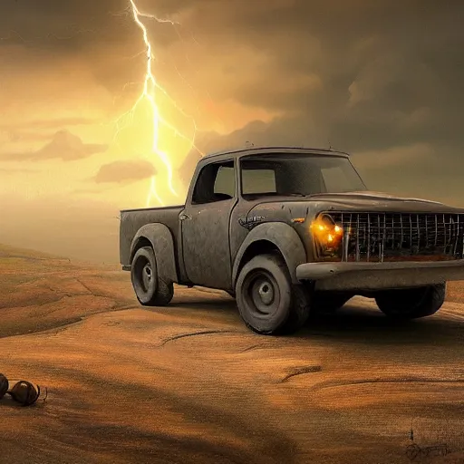 Image similar to a beautiful detailed realistic matte painting of a pick - up truck in a serene landscape with an eerie dark magic lightning portal to another dimension, by john howe and alexander skold and andreas rocha. vray, raytracing, detailed lighting, volumetric lighting, cinematic lighting, very wide shot, f 8