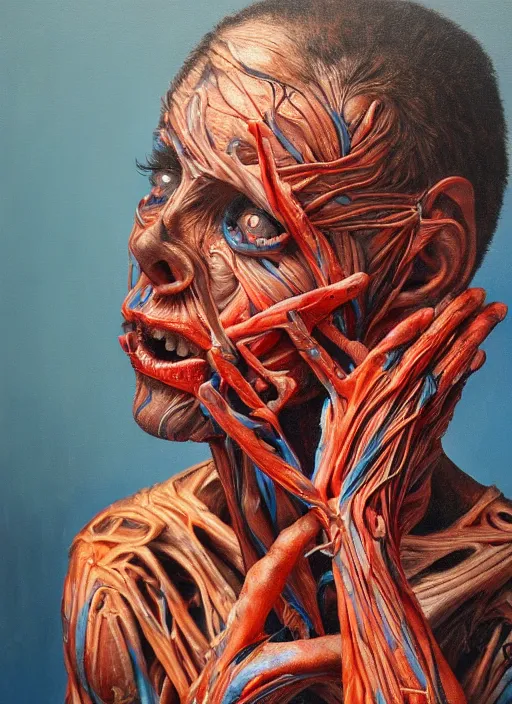 Prompt: highly detailed and textured painting of a deformed anatomical portrait, emotional, dark sky, horror, hauntingly surreal dystopian, emotionally expressive, highly detailed oil painting, soft light 4 k, red, blue and purple colour palette, cinematic composition, cinematic lighting, masterpiece by ernie barnes and jenny saville