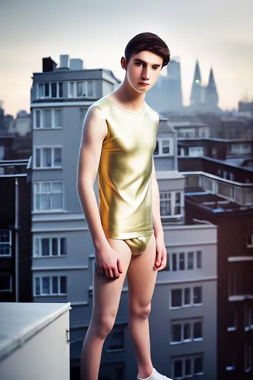 Image similar to un ultra high definition studio quality photographic art portrait of a young man standing on the rooftop of a british apartment building wearing soft padded silver pearlescent clothing. three point light. extremely detailed. golden ratio, ray tracing, volumetric light, shallow depth of field. set dressed.