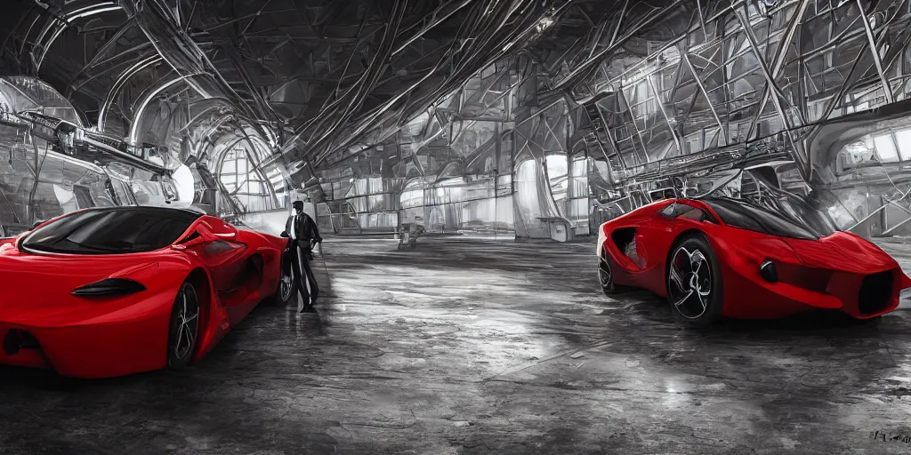 Image similar to kama russian electrocar, inside futuristic hangar, red car, sharp focus, ultra realistic, ultra high pixel detail, cinematic, intricate, cinematic light, concept art, illustration, art station, unreal engine 8 k