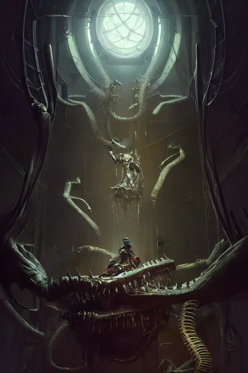 Prompt: professional concept art of a creepy family horrendous mechanical predatory! species in a dark room by artgerm and greg rutkowski. an intricate, elegant, highly detailed digital painting, concept art, smooth, sharp focus, illustration, background environment