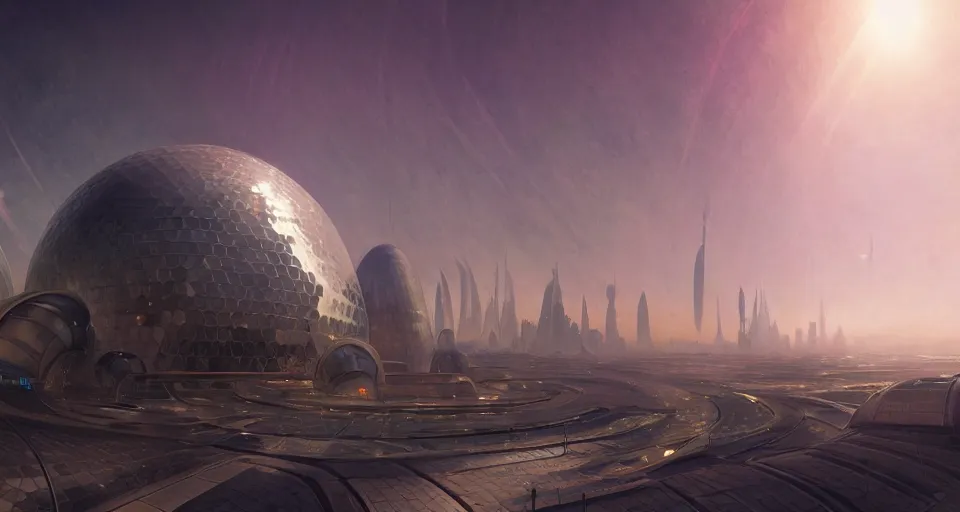 Image similar to cinematic shot, futuristic city on the moon, geodesic domes, utopian, digital painting, artstation, concept art, soft light, hdri, smooth, sharp focus, illustration, intricate, elegant, highly detailed, in the style of greg rutkowski and alphonse mucha and artemisia, 8 k, highly detailed, jurgens, rutkowski