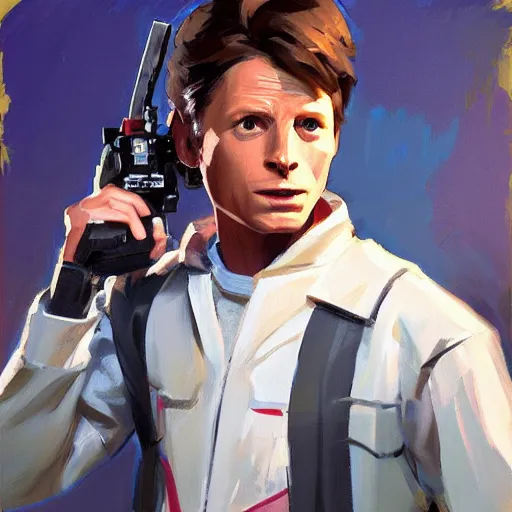 Image similar to greg manchess portrait painting of marty mcfly from back to the future as overwatch character, medium shot, asymmetrical, profile picture, organic painting, sunny day, matte painting, bold shapes, hard edges, street art, trending on artstation, by huang guangjian, gil elvgren, ruan jia, randy vargas, greg rutkowski