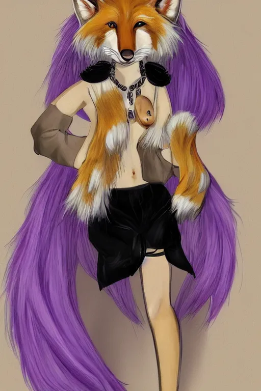Image similar to a portrait of a cream-colored fox furry fursona with long purple hair and black fox ears wearing a crop top, furry artwork, furaffinity, award-winning art