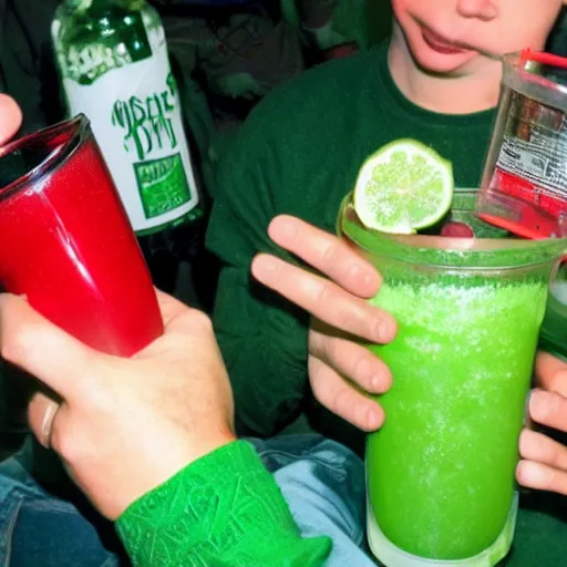 Prompt: people drinking green predator blood for fun.