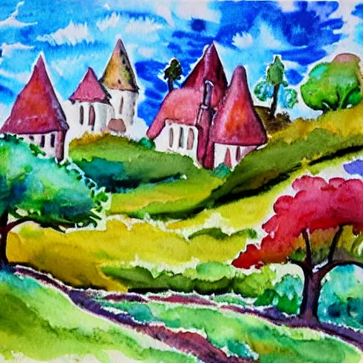 Prompt: watercolor painting of whimsical hills with candy trees and medieval house