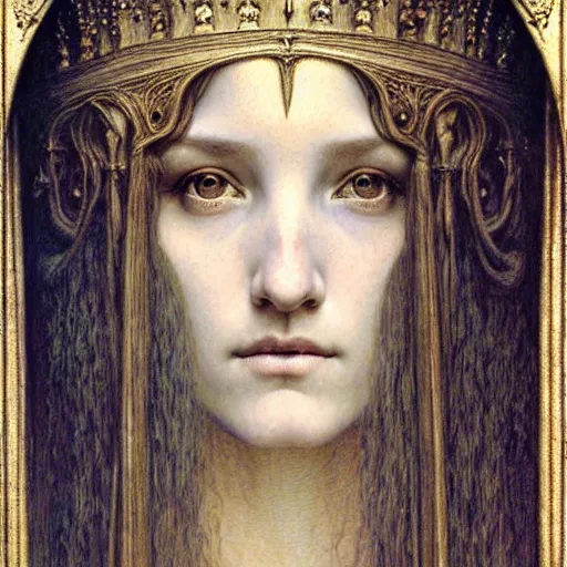 Image similar to detailed realistic beautiful young medieval queen face portrait by jean delville, gustave dore and marco mazzoni, art nouveau, symbolist, visionary, gothic, pre - raphaelite. horizontal symmetry