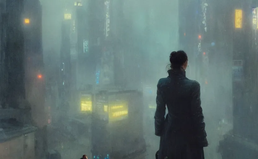 Image similar to 2 0 1 8 blade runner movie still girl look at the cityscape from roof perfect face fine realistic face pretty face neon puffy jacket blue futuristic sci - fi elegant by denis villeneuve tom anders zorn hans dragan bibin thoma greg rutkowski ismail inceoglu illustrated sand storm alphonse mucha