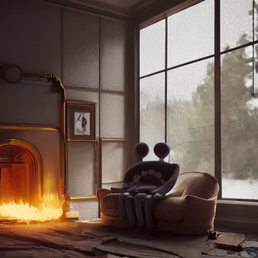 Prompt: Lonely and depressed robot sitting on a couch in front of a large fireplace in a Victorian home in the future. octane render, extremely detailed, 10000K color temperature cinematic lighting, 8k, lens flare, cinematic movie photograph, closeup portrait, trending on artstation, cgsociety, award-winning art, by Simon Stalenhag.