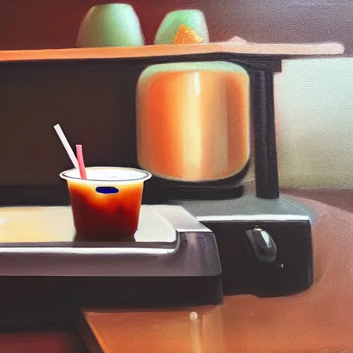 Prompt: still life of a boba tea next to a cash register on the counter, Noah Verrier, 2022, oil painting, muted lighting, award-winning, trending on twitter