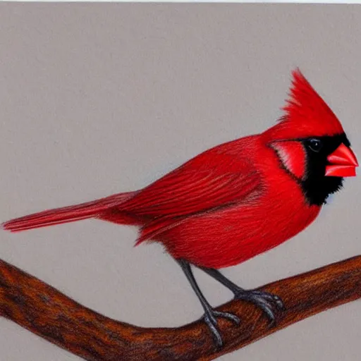 Prompt: Intricate five star Cardinal perched on a branch portrait, Colored pencil on paper, high detail, skin texture, photo realistic, hyperrealism,matte finish, high contrast, 3d depth, masterpiece, vivid and vibrant colors, high contrast, Prismacolor Pencils,artstationhd