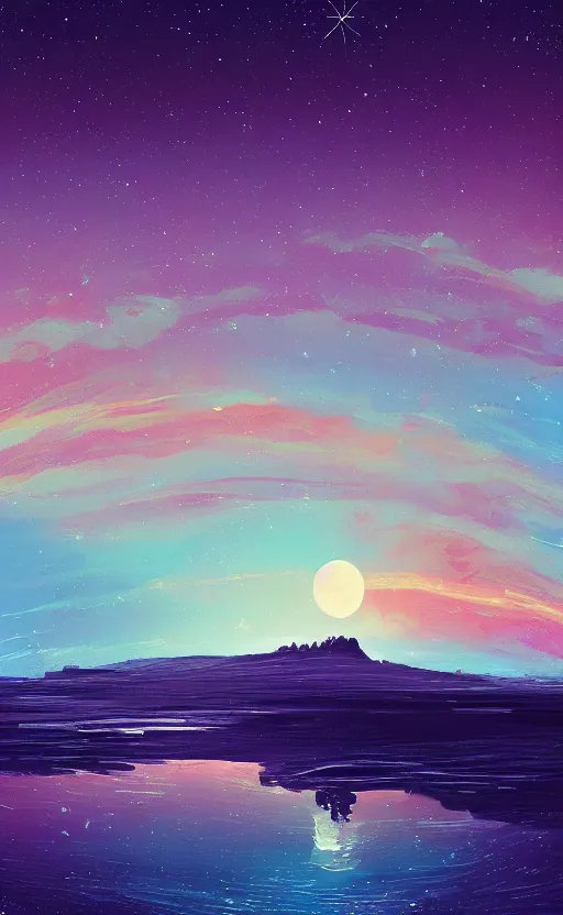 Image similar to a beautiful illustration of mars at night, art of alena aenami, featured on artstation, vertical orientation, paint brush strokes, expressionism, brushstroke - laden, breathtaking clouds, birds, ocean, beautiful stars, long exposure, big moon radius, airy midnight theme, blue purple gradient, lens flare