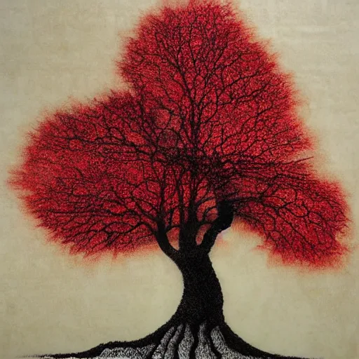 Image similar to tree made of velvet, velvet art, etching, velvet etching, velvet tree, red velvet material