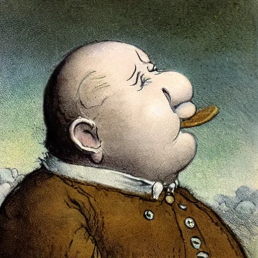 Image similar to candid portrait of white ball in the sky with man's face smiling eyes closed, surrounded by clouds, illustrated by peggy fortnum and beatrix potter and sir john tenniel