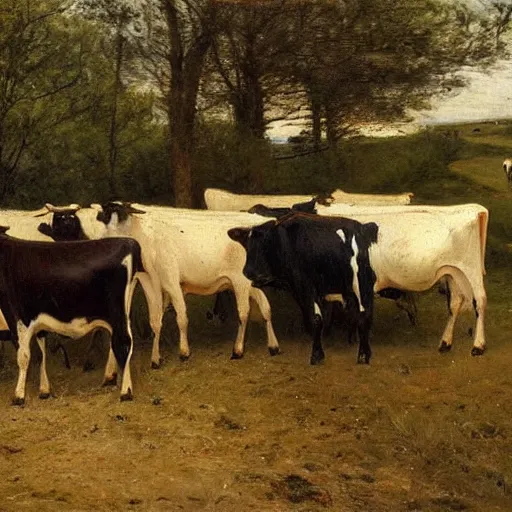 Image similar to a herd of cows on a country road, 1 9 th century painting, anton mauve