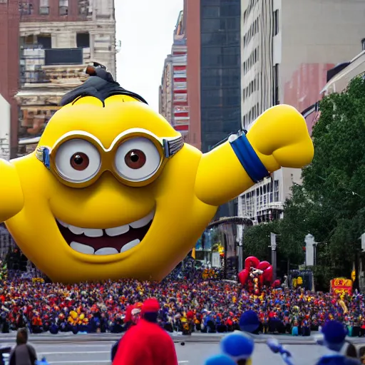 Image similar to photo of giant muscular minion parade float in the macys thanksgiving parade, detailed 4 k photo