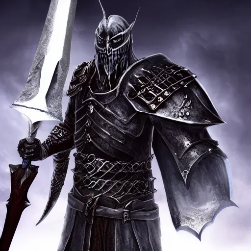 Prompt: A medieval fantasy death knight with large greatsword in hands based on Elden Ring design, extremely detailed, upscaled, 8k resolution, dark, glowing black weapon, destruction