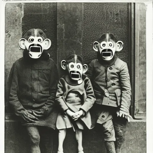 Prompt: portrait of people wearing monkey masks, photograph, style of atget, 1 9 1 0, creepy, dark