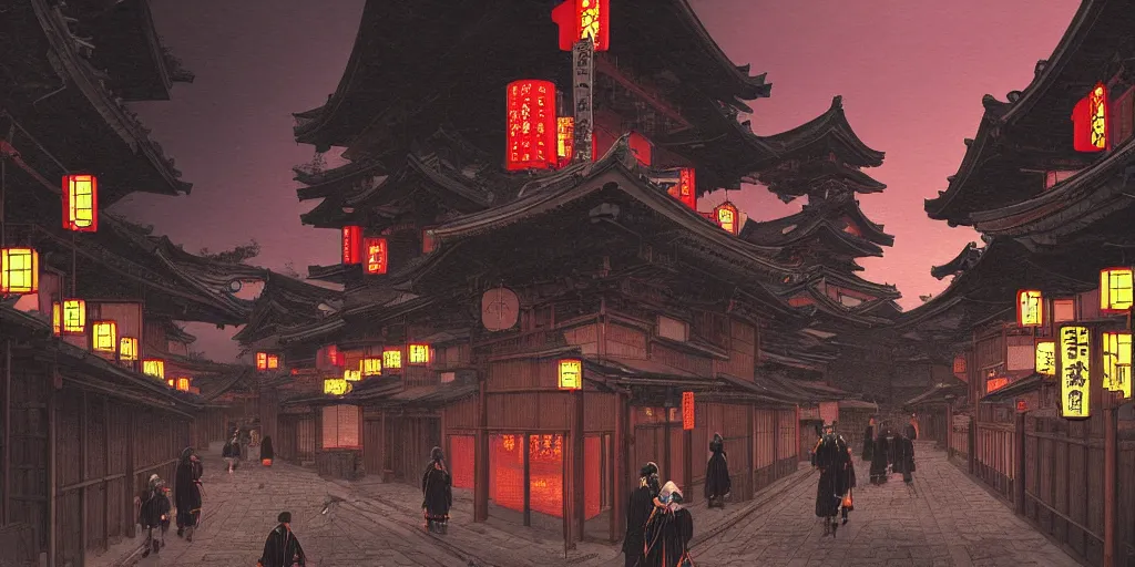 Prompt: feudal japan tokyo street at dusk, cinematic lighting!!, 4k, trending on artstation, intricate illustration, fast sketch!!!!, rough, ultra detailed, art by albert bierstadt