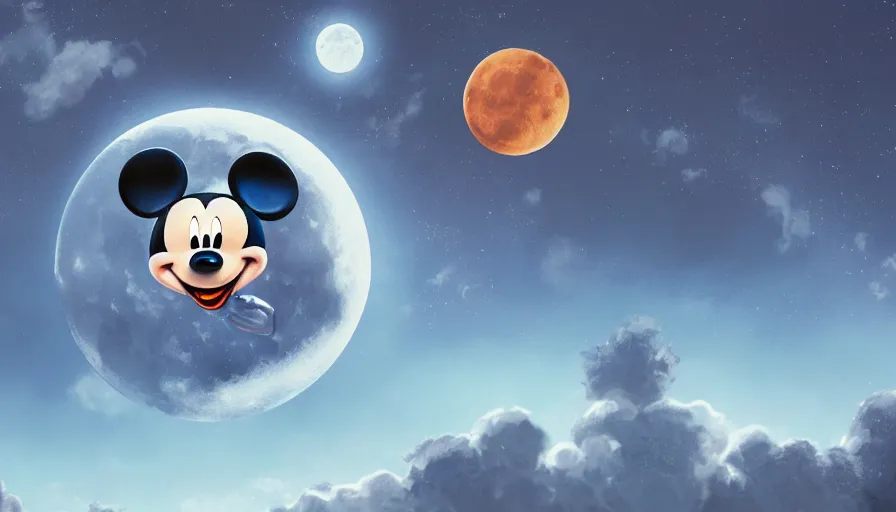 Image similar to moon with mickey mouse face in the sky, hyperdetailed, artstation, cgsociety, 8 k