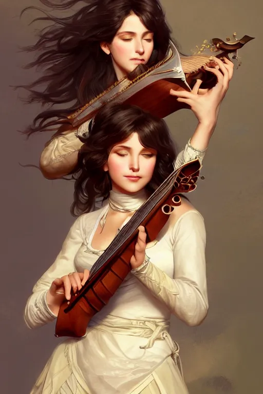 Image similar to beautiful bard holding a mandolin, accurate anatomy, only two hands, highly detailed, digital painting, artstation, concept art, smooth, sharp focus, illustration, Unreal Engine 5, 8K, art by Artgerm and greg rutkowski and alphonse Mucha