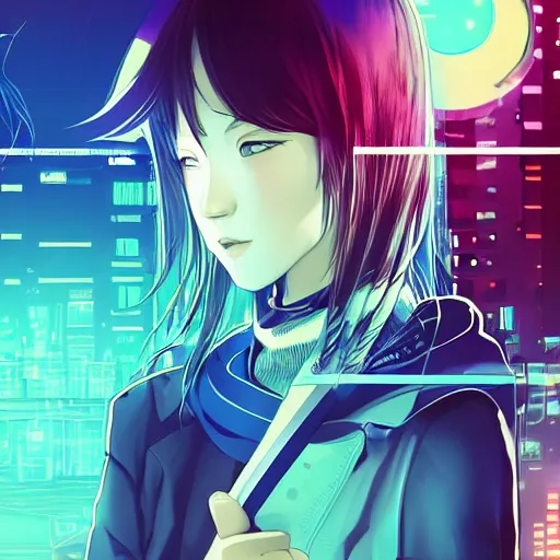 Image similar to Frequency indie album cover, luxury advertisement, blue filter, blue and black colors. Clean and detailed post-cyberpunk sci-fi close-up schoolgirl in asian city in style of cytus and deemo, blue flame, relaxing, calm and mysterious vibes, by Tsutomu Nihei, by Yoshitoshi ABe, by Ilya Kuvshinov, by Greg Tocchini, nier:automata, set in half-life 2, Matrix, GITS, Blade Runner, Neotokyo Source, Syndicate(2012), dynamic composition, beautiful with eerie vibes, very inspirational, very stylish, with gradients, surrealistic, dystopia, postapocalyptic vibes, depth of field, mist, rich cinematic atmosphere, perfect digital art, mystical journey in strange world, beautiful dramatic dark moody tones and studio lighting, shadows, bastion game, arthouse