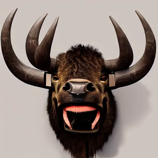 Image similar to hunting trophy bison head in oculus vr nailed to the wall,