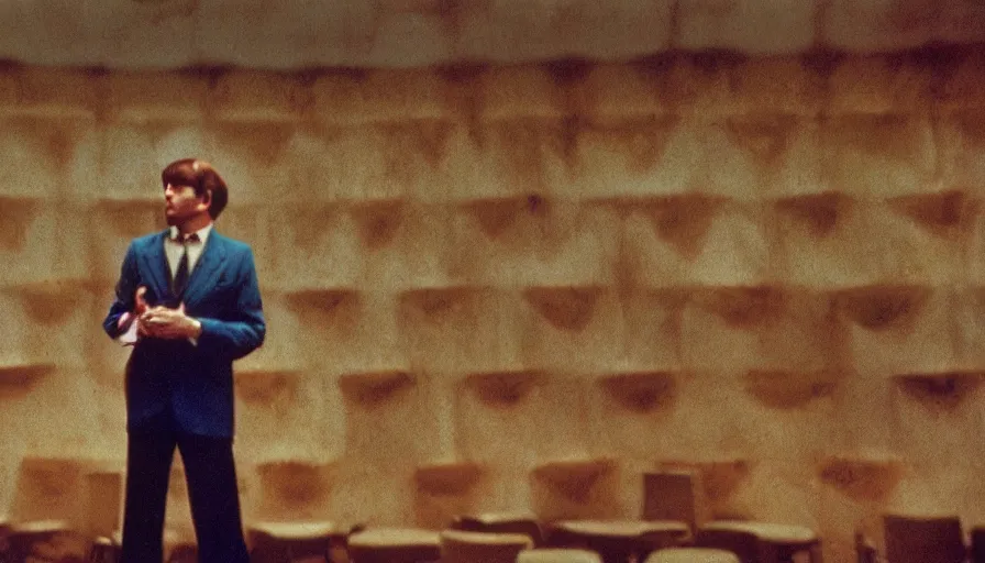 Image similar to 70s movie still of a man with trypophobia deep mouth in an empty soviet ballroom, eastmancolor, heavy grain, high quality, higly detailed, liminal space