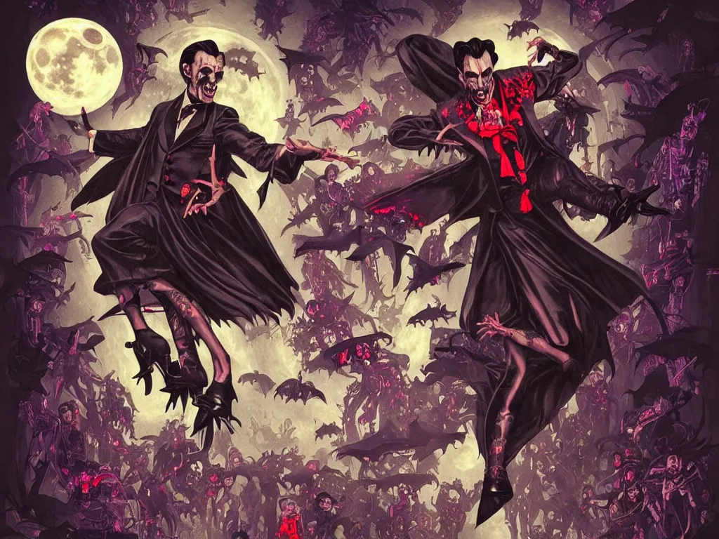 Image similar to dracula dancing on roller skates surrounded by bats and a full moon in the style of american traditional tattoo, neon, cyberpunk, futuristic, stunning, highly detailed, digital painting, smooth, soft focus, illustration, movie poster, japanese typography, digital art from artstation by artgerm and greg rutkowski and alphonse mucha